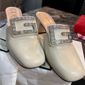 Gucci Ivory Mules with Crystal Buckle
